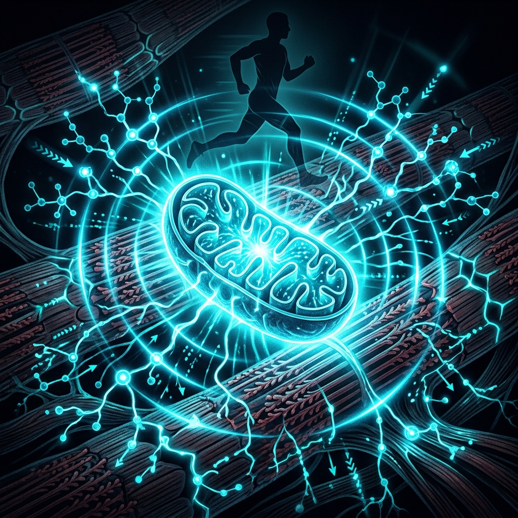 Glowing mitochondria emitting energy waves demonstrating the MOTS-c mitochondrial peptide mechanism