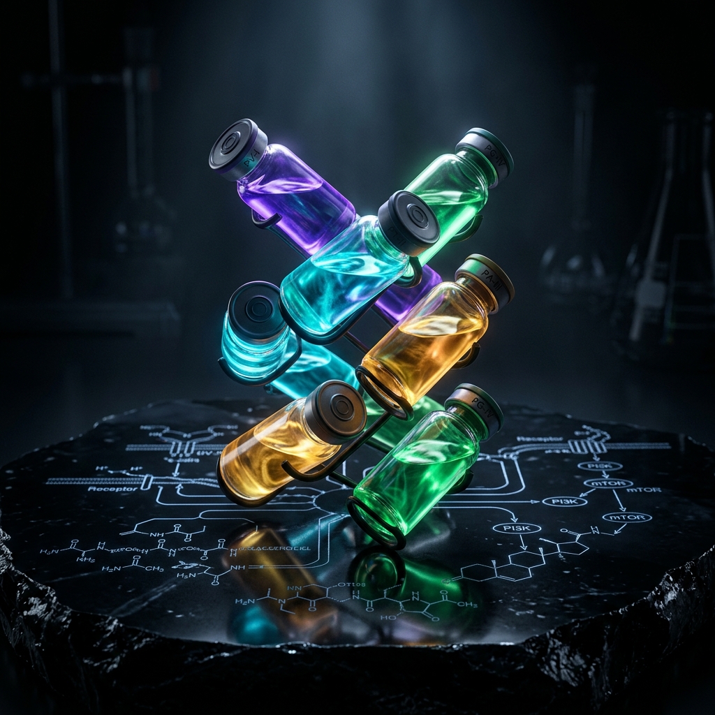 Glowing translucent peptide vials arranged in an interlocking double-helix formation representing combination therapy stacking