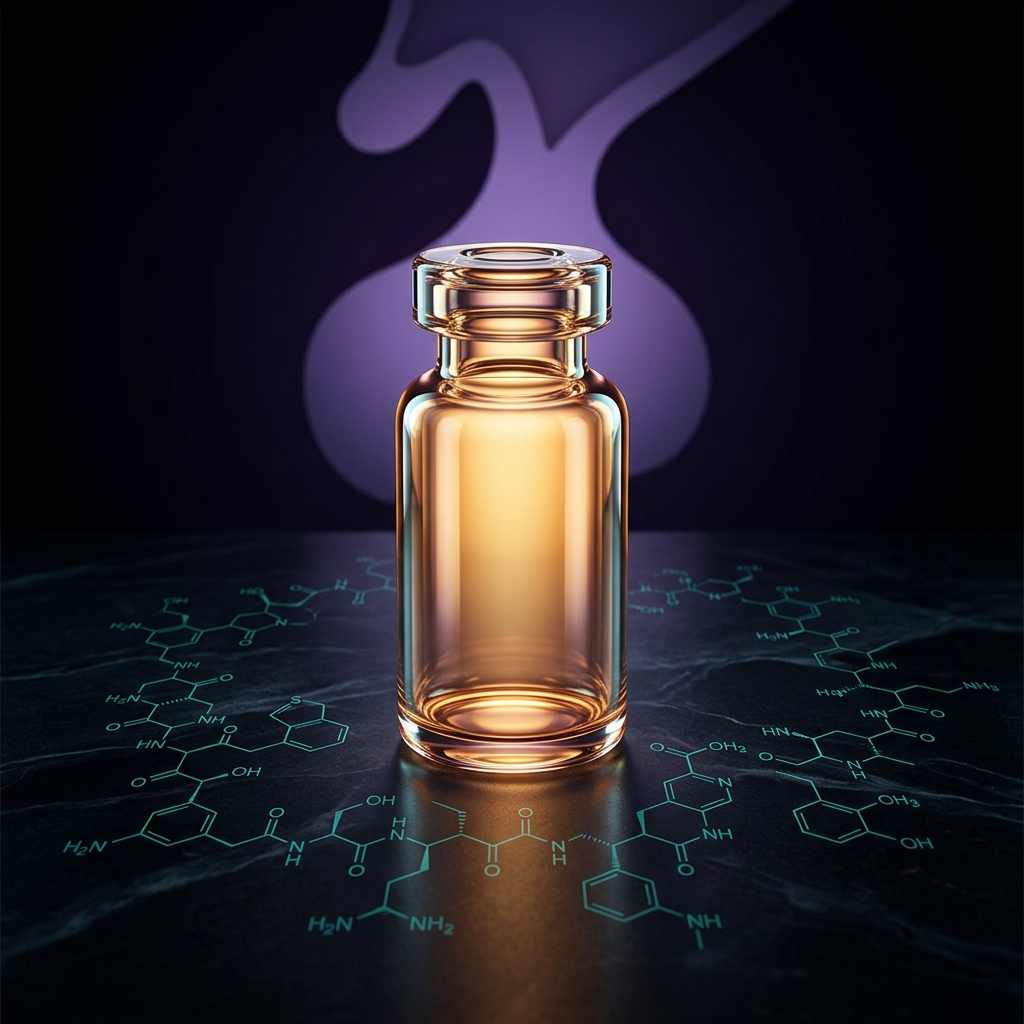 A single glowing amber peptide vial on an obsidian surface with molecular diagrams etched around it, representing Tesamorelin
